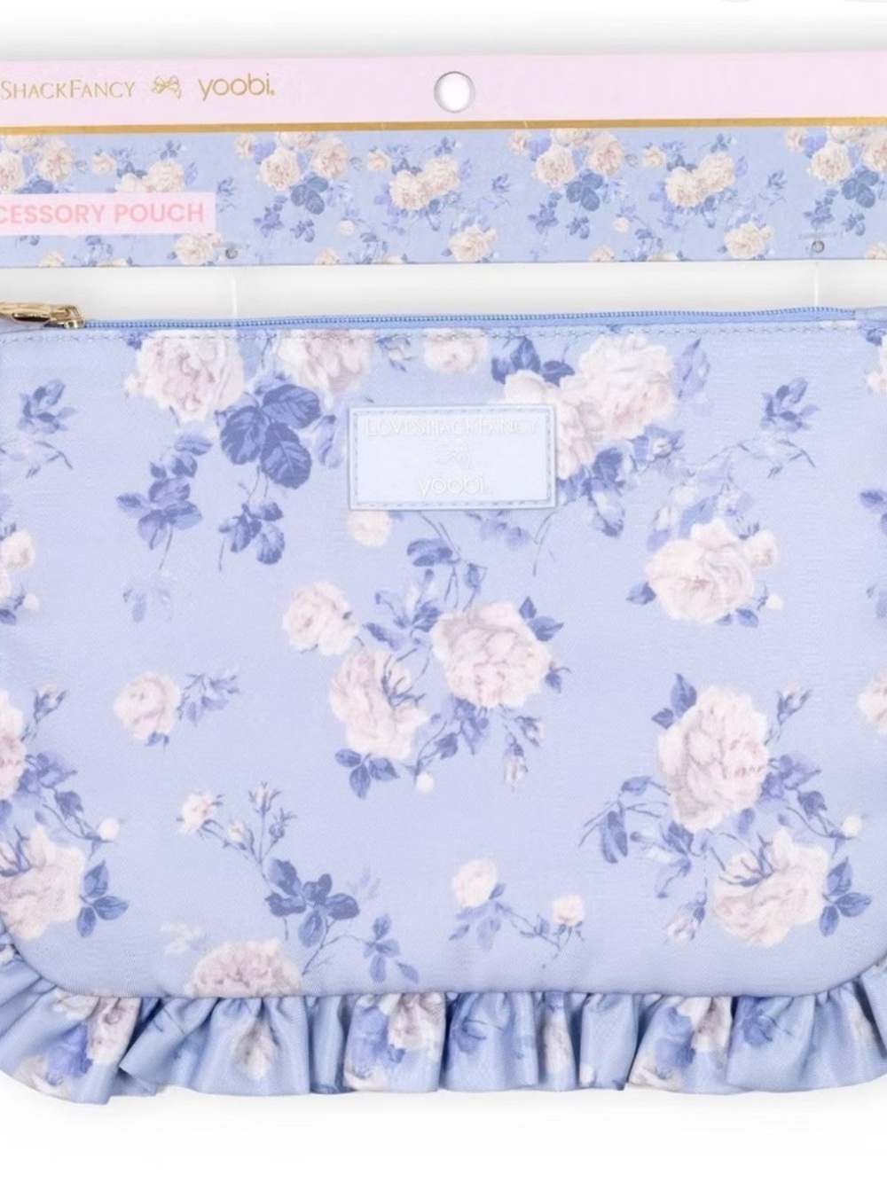 LoveShackFancy Yoobi Pastel Blue Floral Ruffle Accessory Pouch